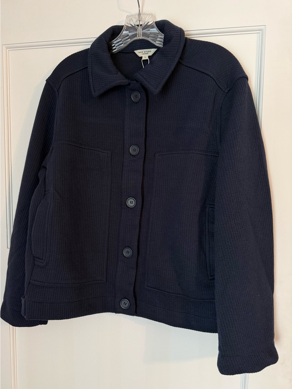 MAX STUDIO Ribbed Cropped Shirt Jacket NWT Size Large Navy Blue